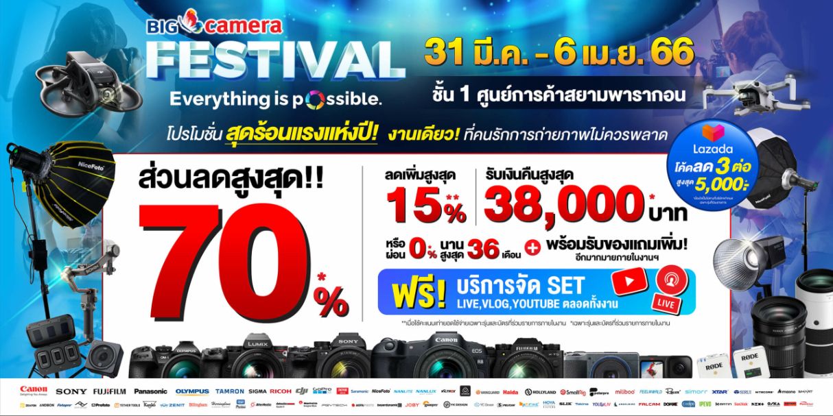 31 มีนาคม - 6 เมษายน 2566 พบกับ งาน BIG CAMERA FESTIVAL 2023 ชั้น 1 ศูนย์การค้าสยามพารากอน	